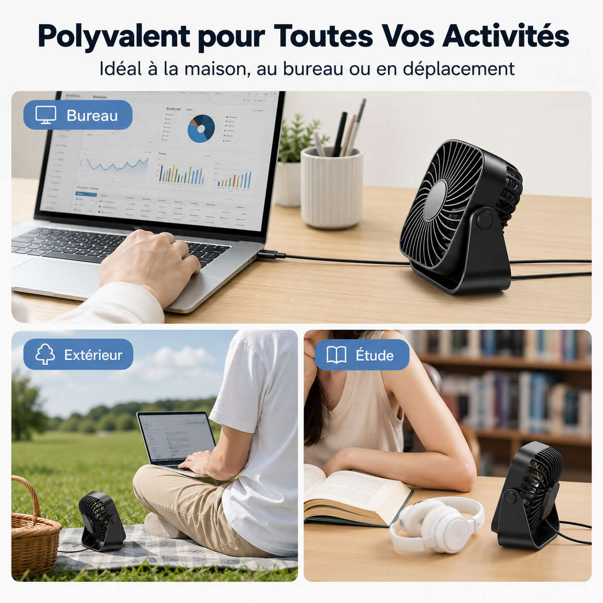 Mini Ventilateur de Bureau — 3 Vitesses USB
