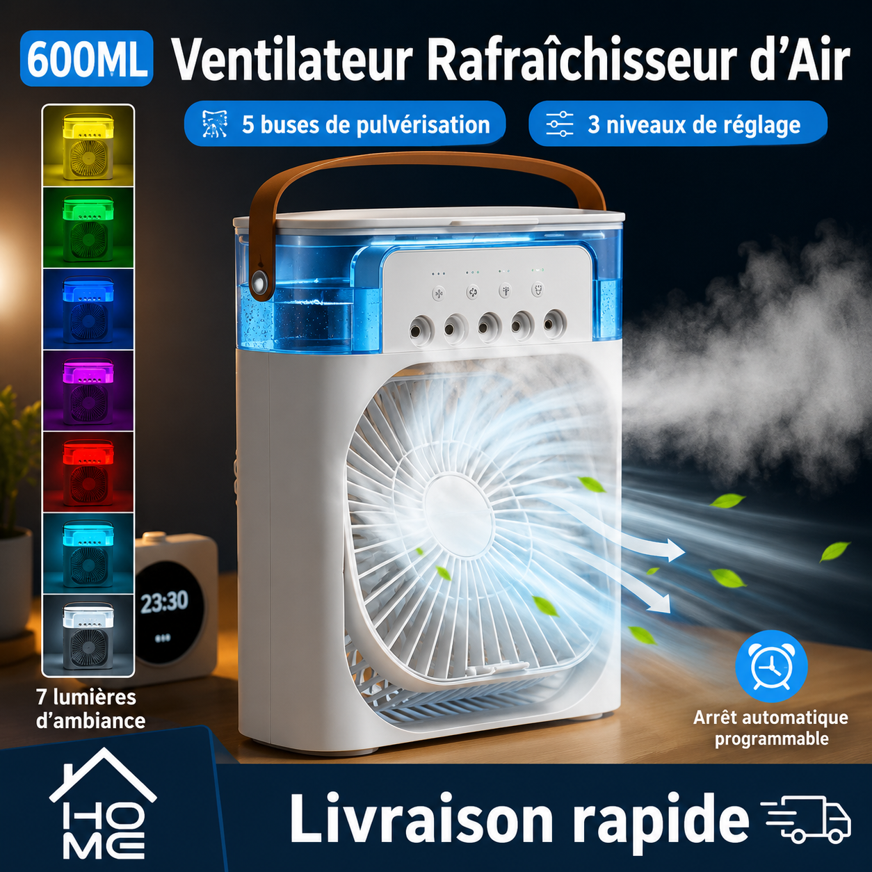 Rafraîchisseur d'Air 3-en-1 — Ventilateur, Brumisateur & Veilleuse