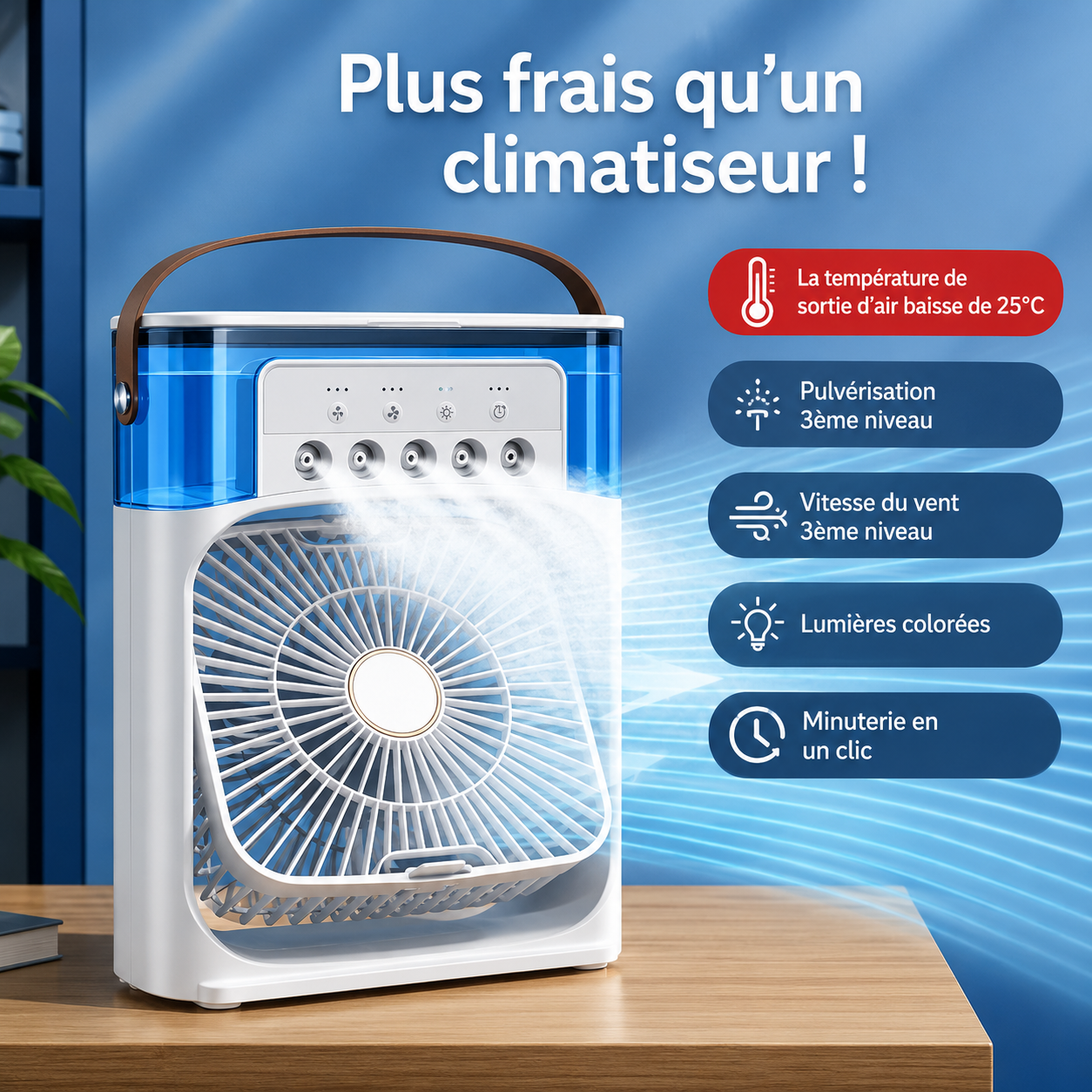 Rafraîchisseur d'Air 3-en-1 — Ventilateur, Brumisateur & Veilleuse